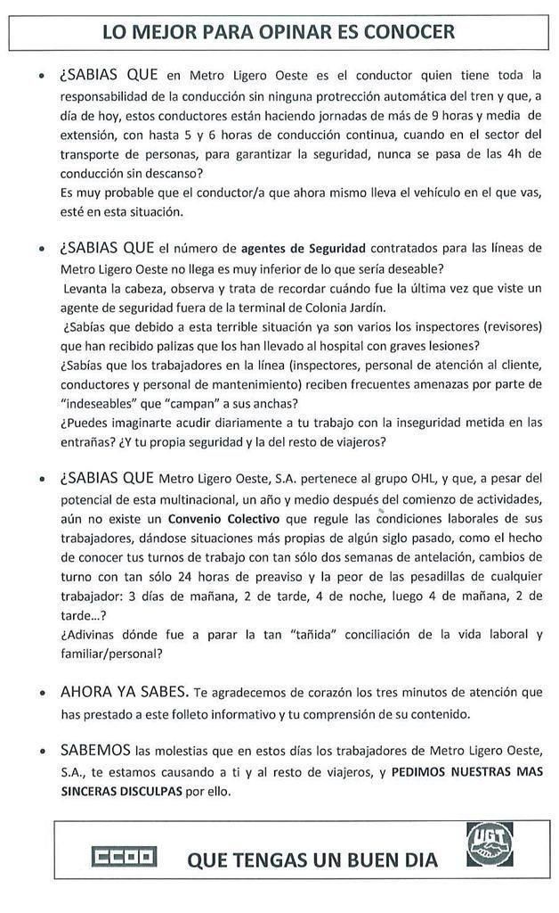 UGT y CC.OO han informado de las causas de la Huelga a los usuarios