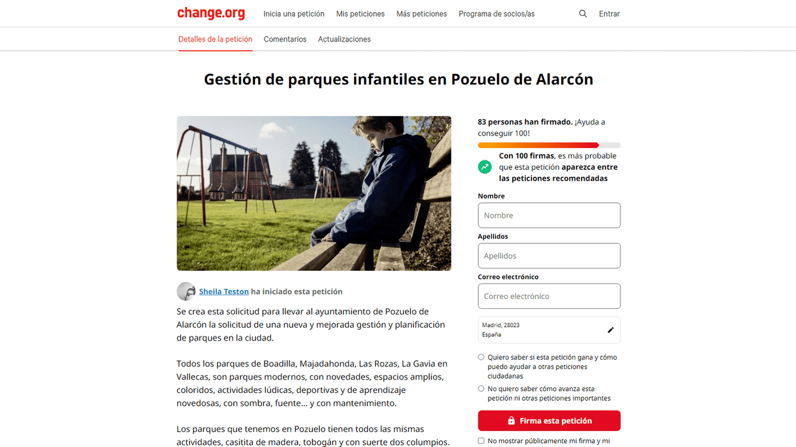 Una vecina pide en Change.org mejorar la gestión y planificación de los parques de Pozuelo